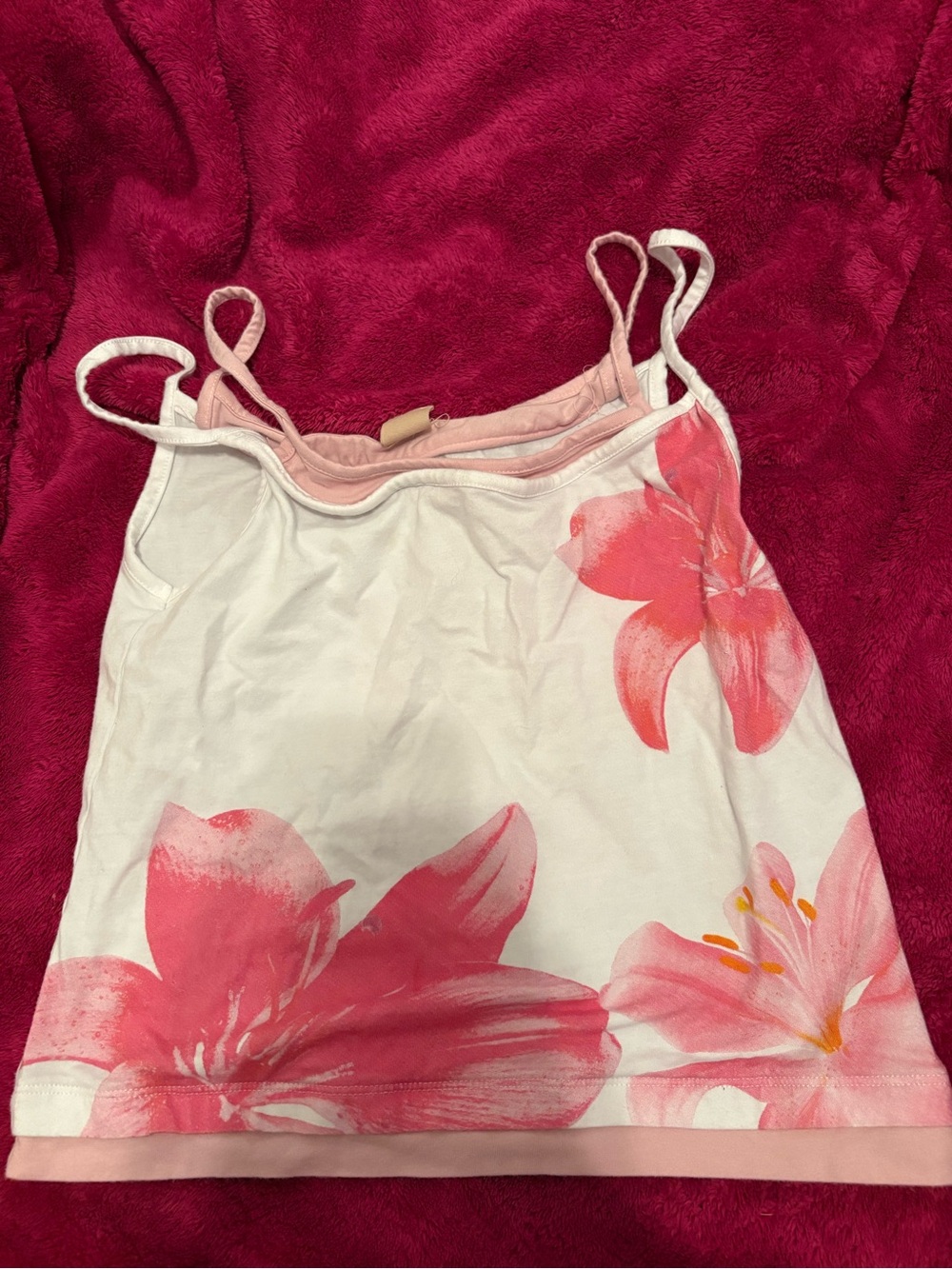 White Floral Tank Top with Pink Lilies